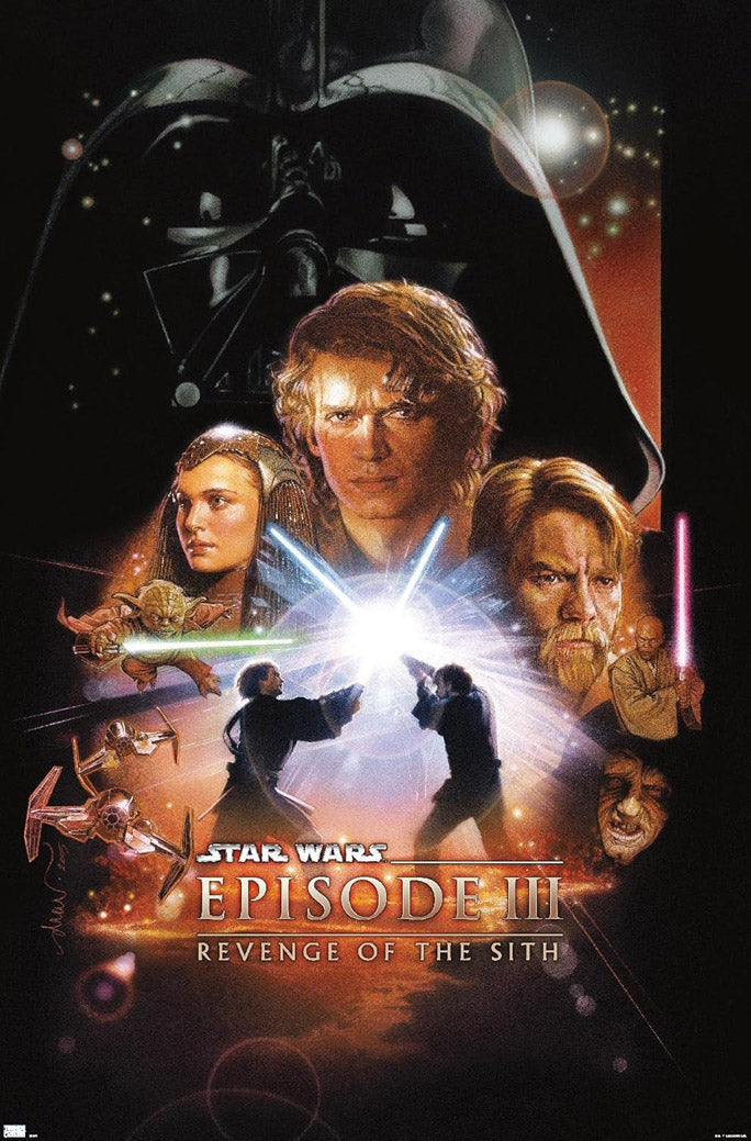 Star Wars Episode III Revenge of the Sith poster features Darth Vader, Anakin, Padmé, Obi-Wan, Yoda, lightsabers and starfighters.
