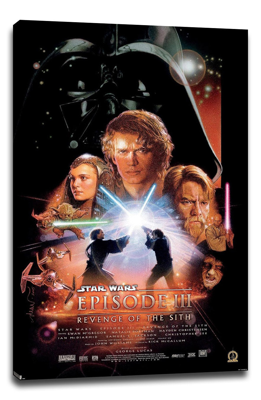 Star Wars Episode III Revenge of the Sith canvas wall art featuring Darth Vader, character portraits, lightsabers, and starships.