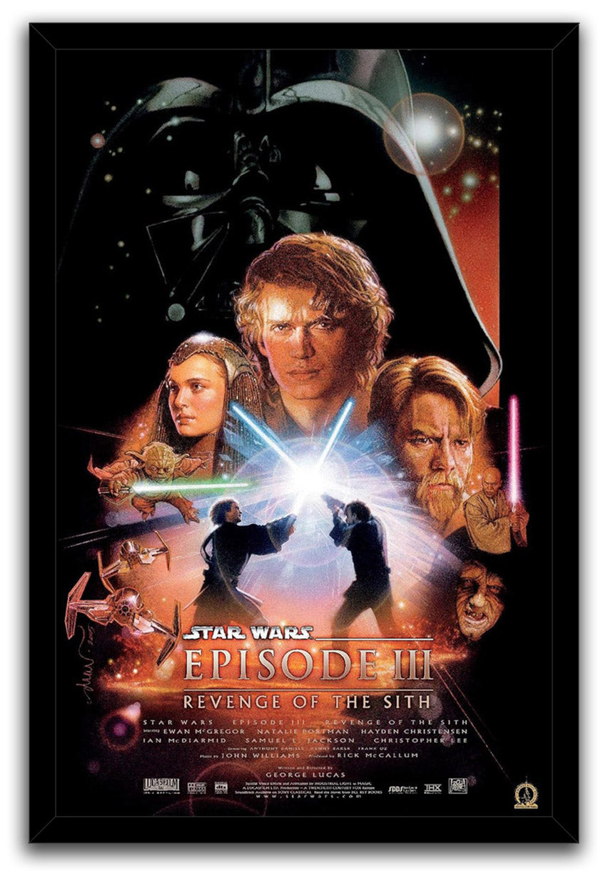 Star Wars Episode III Revenge of the Sith framed wall art print with Darth Vader, a central lightsaber clash, and cast portraits.