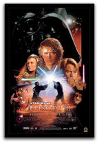 Star Wars Episode III Revenge of the Sith framed wall art print with Darth Vader, a central lightsaber clash, and cast portraits.