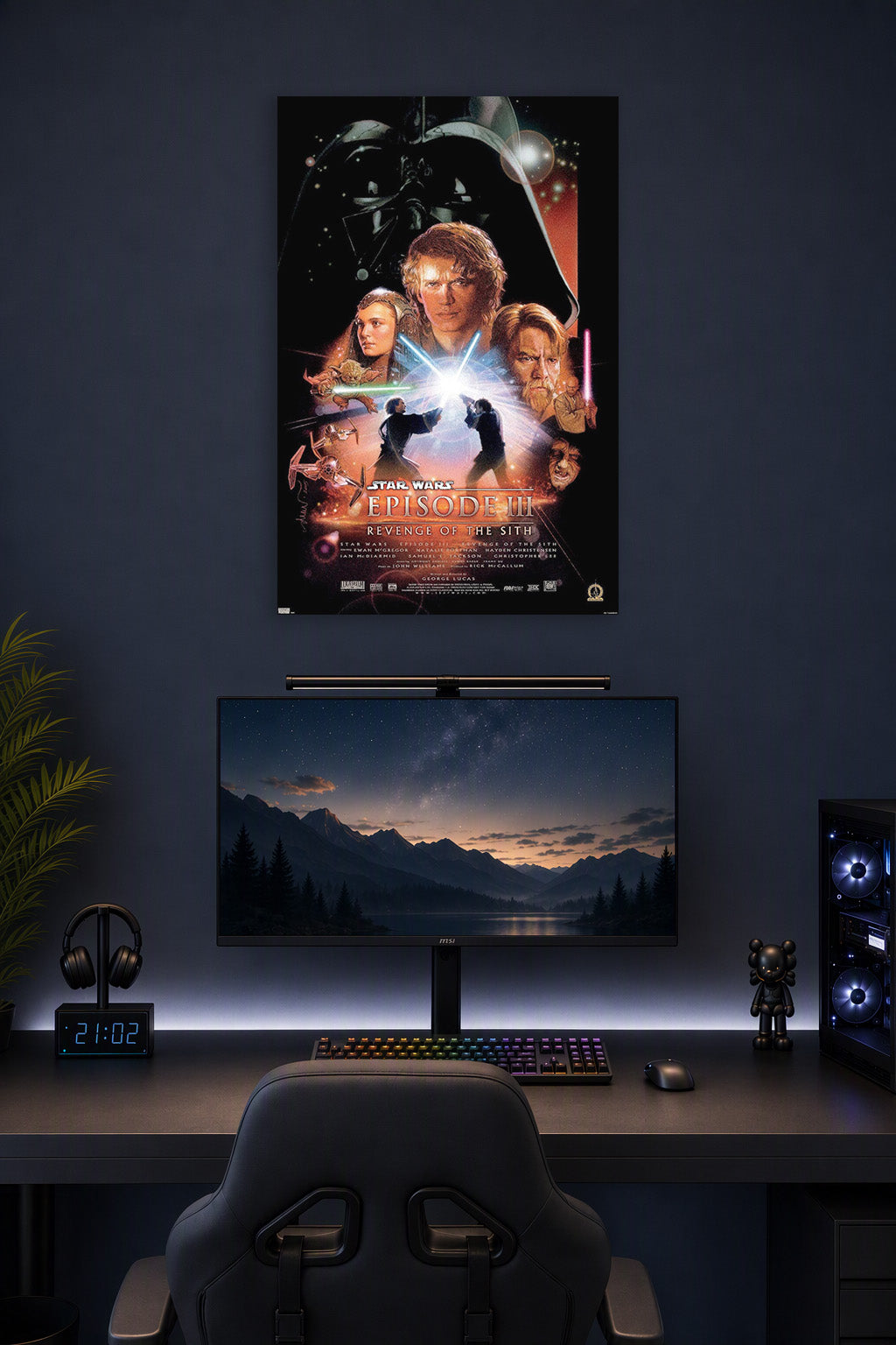 Star Wars: Revenge of the Sith - One Sheet Wall Movie in a gaming desk setup above a monitor.
