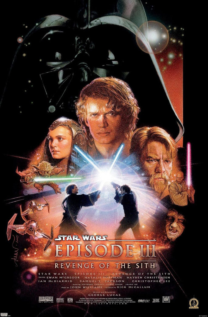 Star Wars Episode III Revenge of the Sith poster with Darth Vader, heroes, lightsaber duel, starships, and fiery space.