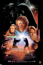 Star Wars Episode III Revenge of the Sith poster with Darth Vader, heroes, lightsaber duel, starships, and fiery space.