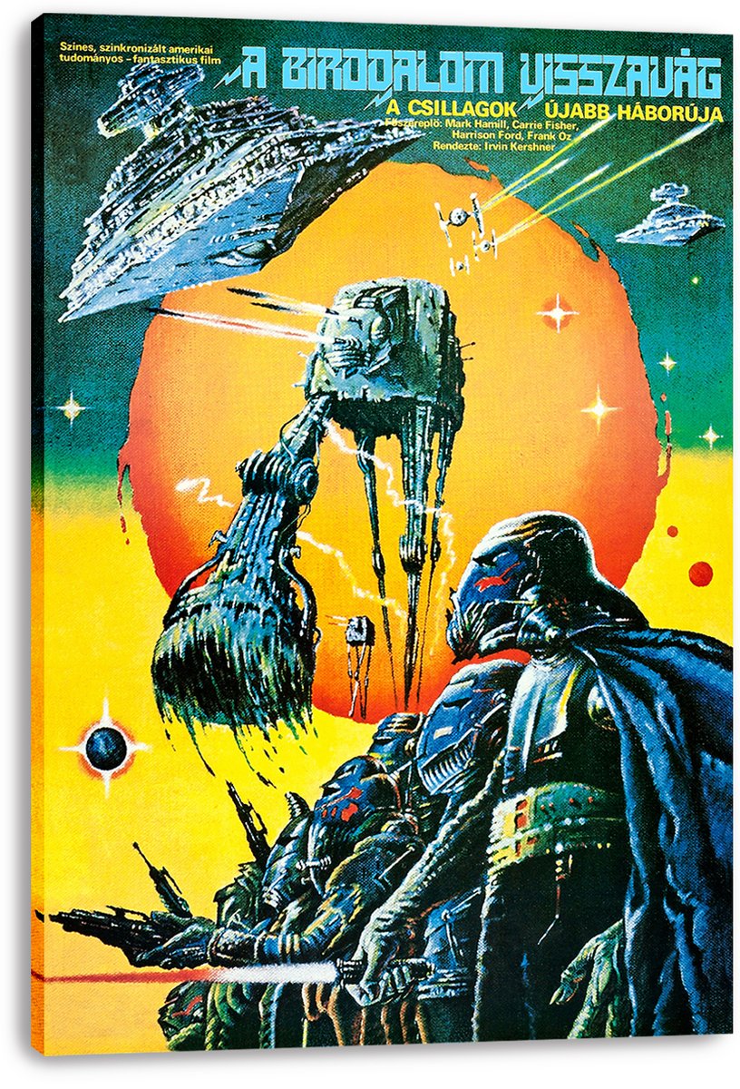 Star Wars The Empire Strikes Back canvas wall art print featuring Darth Vader, an AT-AT, starships, and Hungarian title text.
