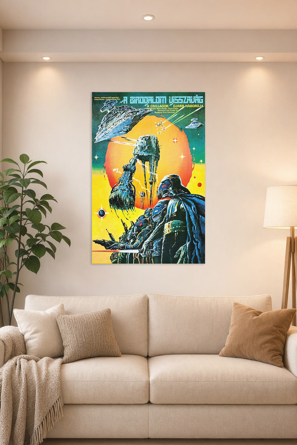 Star Wars The Empire Strikes Back Darth Vader & AT-AT in a bright living room above a beige sofa.