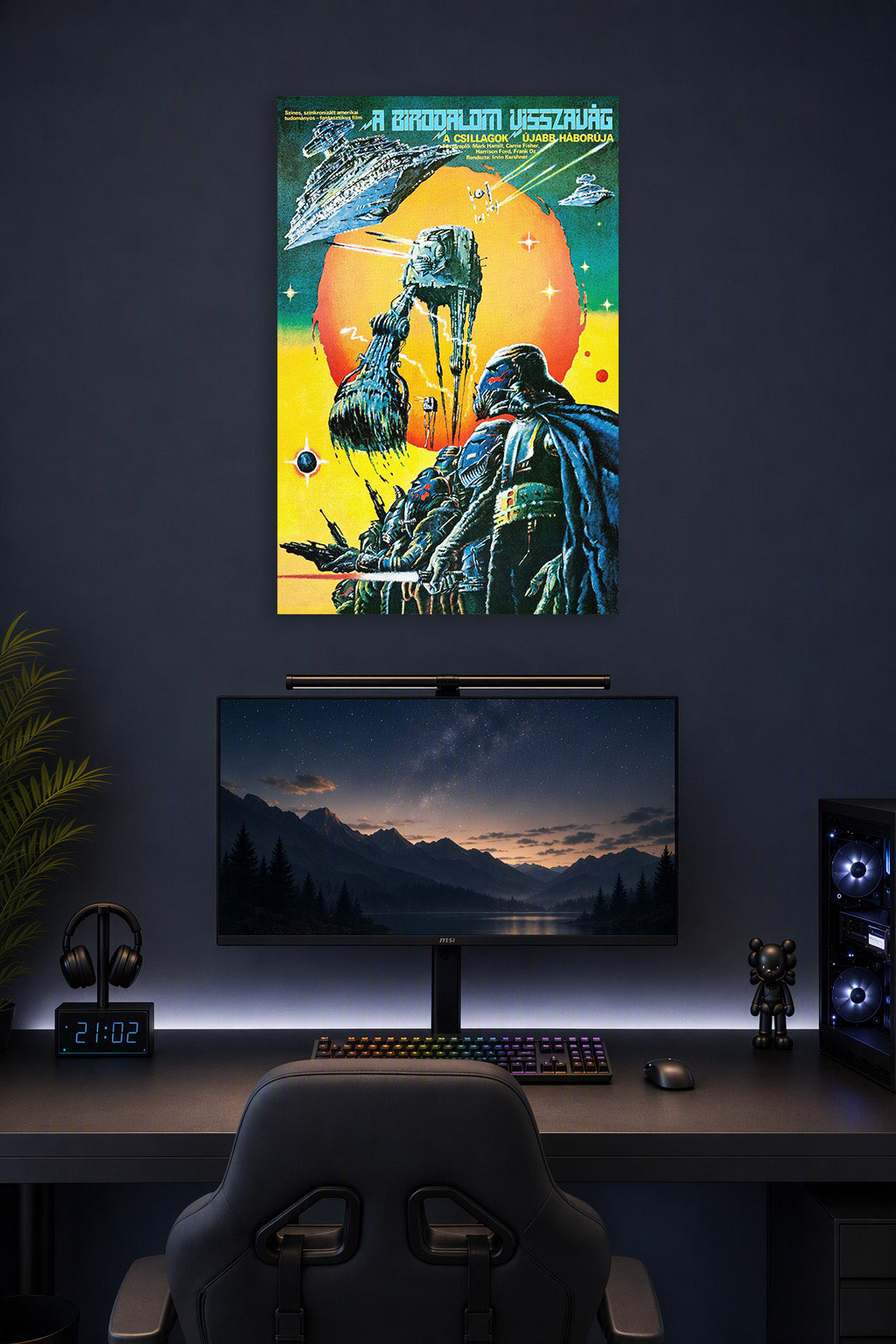 Star Wars The Empire Strikes Back Darth Vader & AT-AT in a gaming desk setup above a monitor.