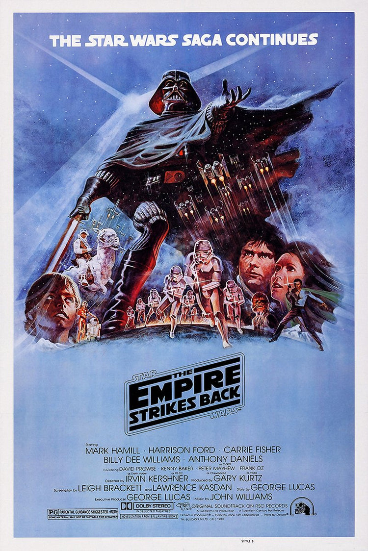 Star Wars: The Empire Strikes Back poster features Darth Vader above stormtroopers, heroes, and icy blue space scenes.