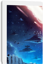 Canvas wall art print close-up of a starship battle, with blue space, Imperial-style ships, lightning, and Rey's hands holding a lightsaber.