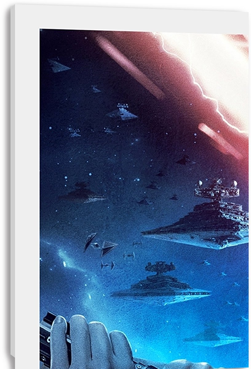 Canvas wall art print close-up of a starship battle, with blue space, Imperial-style ships, lightning, and Rey's hands holding a lightsaber.