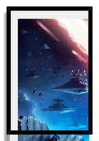 Framed wall art print detail of blue space with multiple starships beneath a red lightning glow, set in a black frame with white mat.