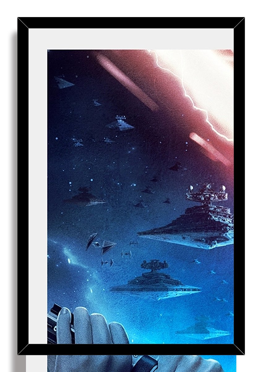 Framed wall art print detail of blue space with multiple starships beneath a red lightning glow, set in a black frame with white mat.
