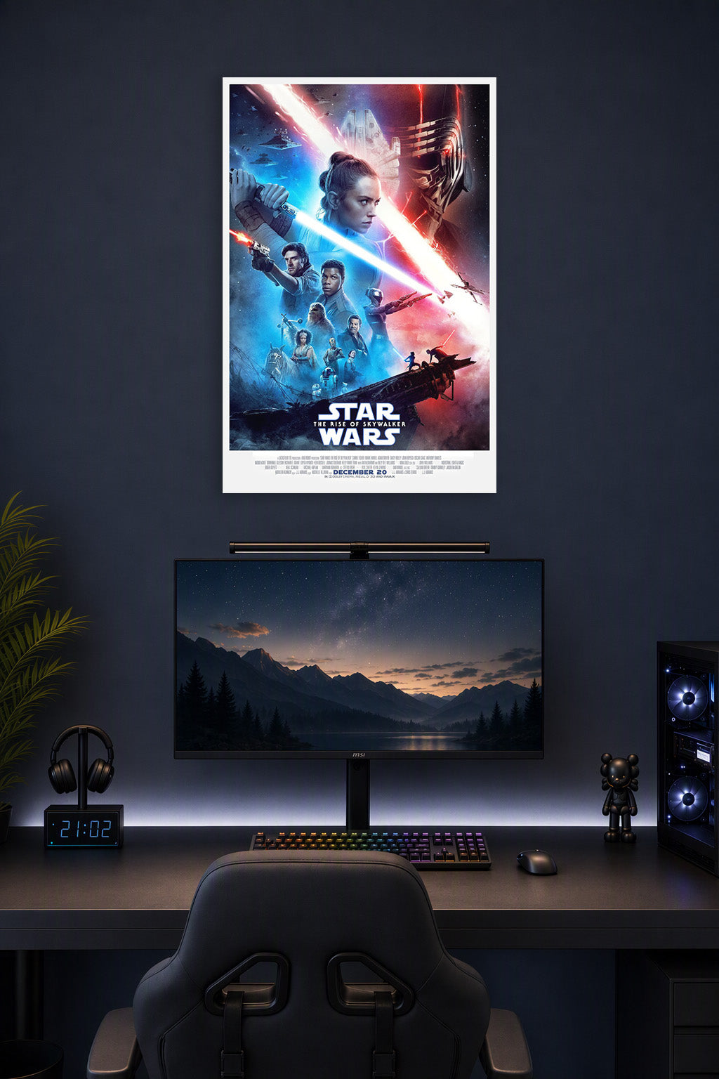 Star Wars: The Rise of Skywalker in a gaming desk setup above a monitor.