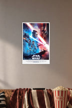 Star Wars: The Rise of Skywalker in a cozy movie room above a brown sofa with popcorn.