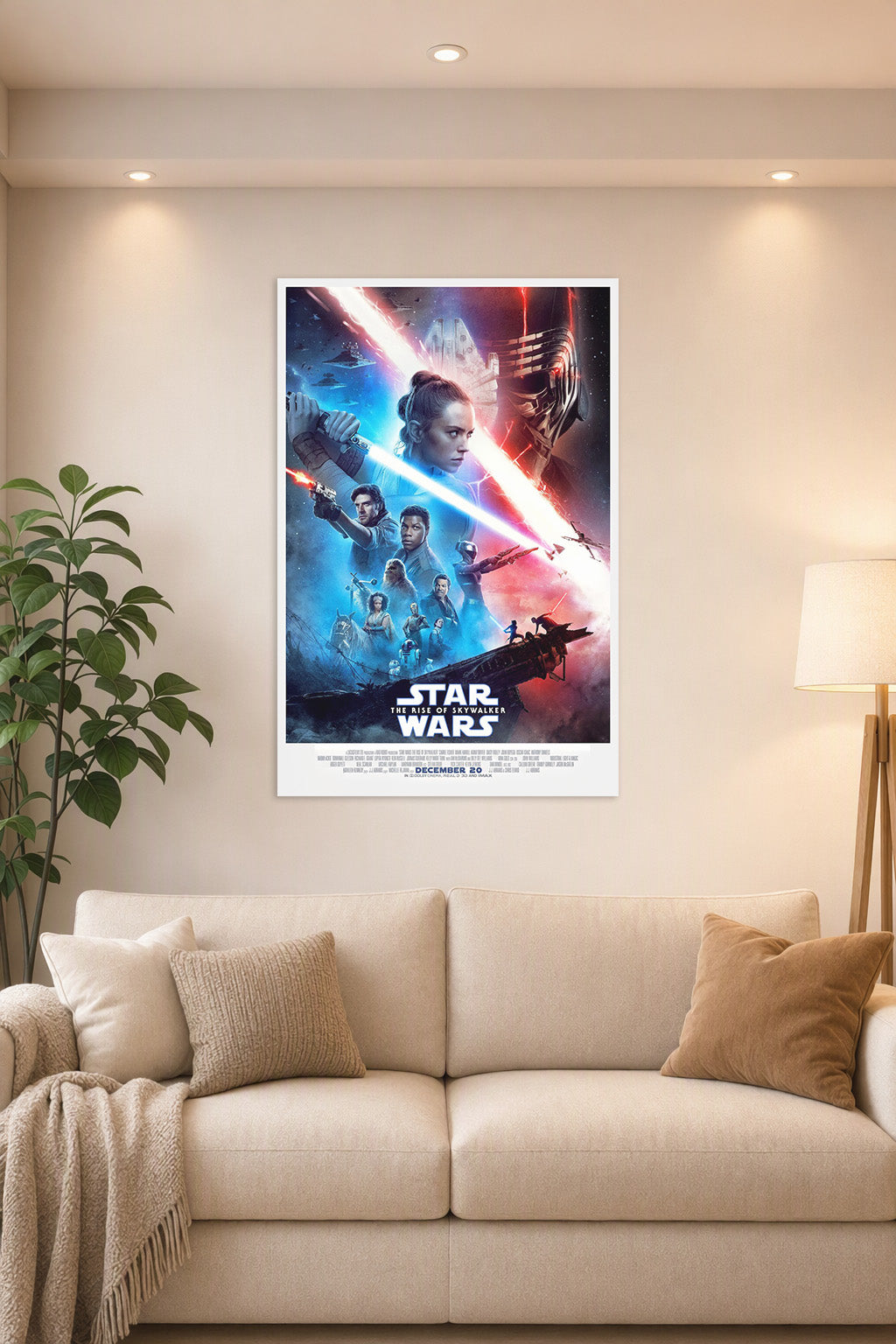 Star Wars: The Rise of Skywalker in a bright living room above a beige sofa.