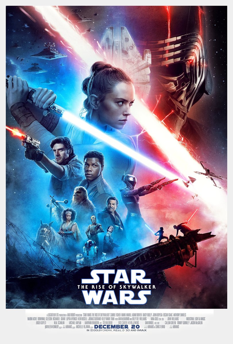 Star Wars: The Rise of Skywalker poster featuring Rey with a blue lightsaber, Kylo Ren, heroes, droids, and starships in blue and red space.