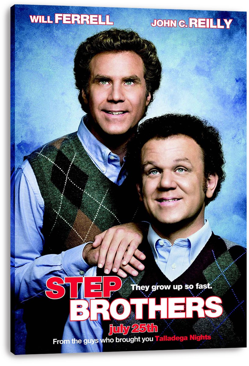 Step Brothers canvas wall art print with Will Ferrell standing behind John C. Reilly, both smiling in blue shirts and argyle vests.