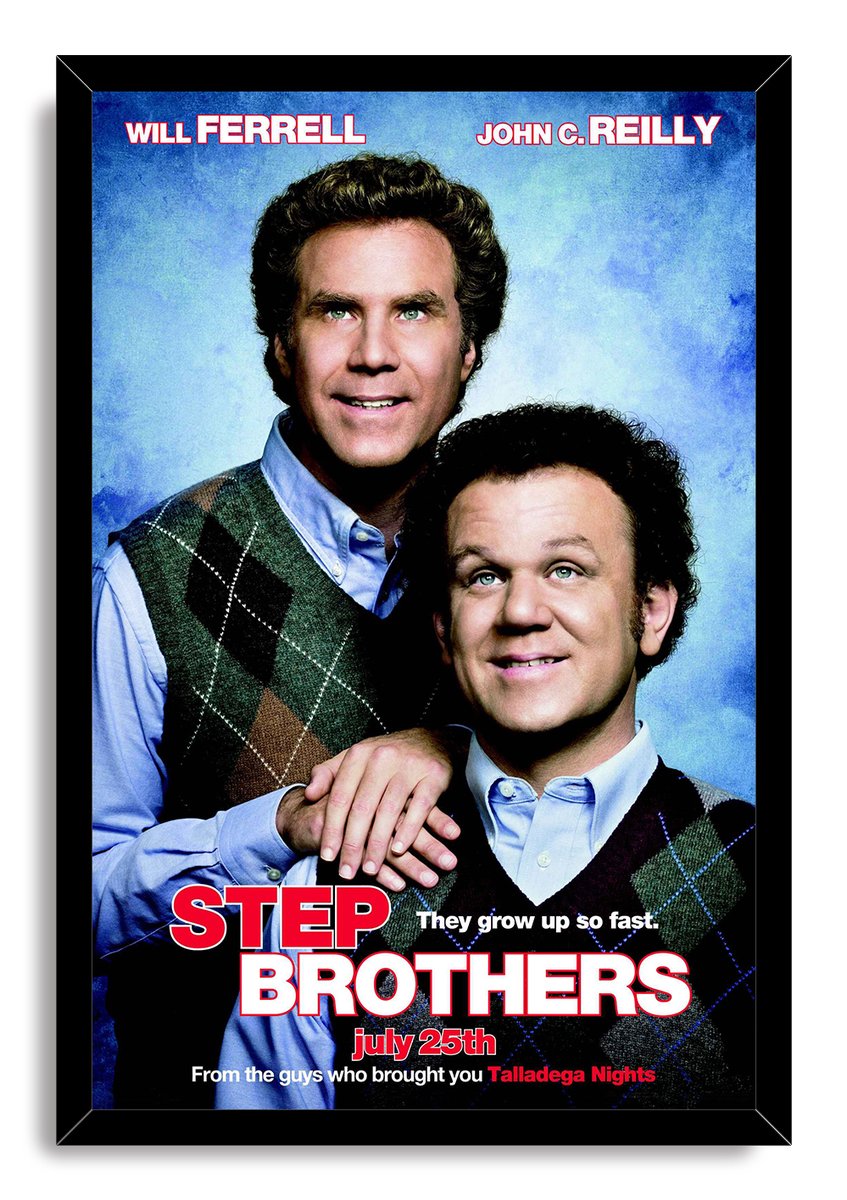 Step Brothers framed wall art print featuring the two smiling actors in argyle vests, set in a black mitered frame.