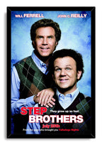 Step Brothers framed wall art print featuring the two smiling actors in argyle vests, set in a black mitered frame.