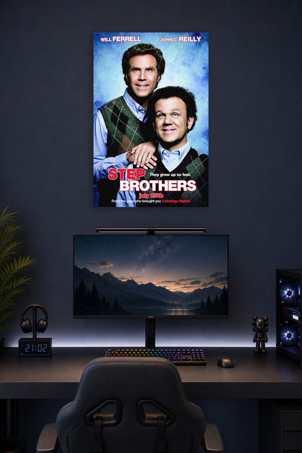 Step Brothers Will Ferrell John C. Reilly in a gaming desk setup above a monitor.