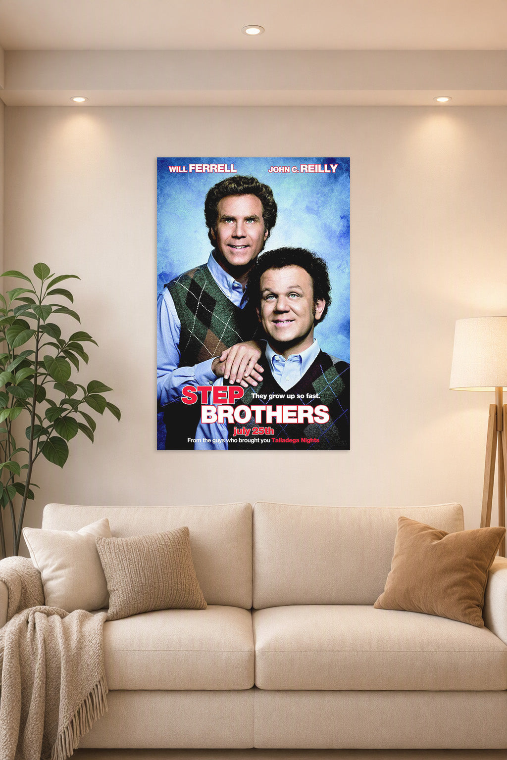 Step Brothers Will Ferrell John C. Reilly in a bright living room above a beige sofa.