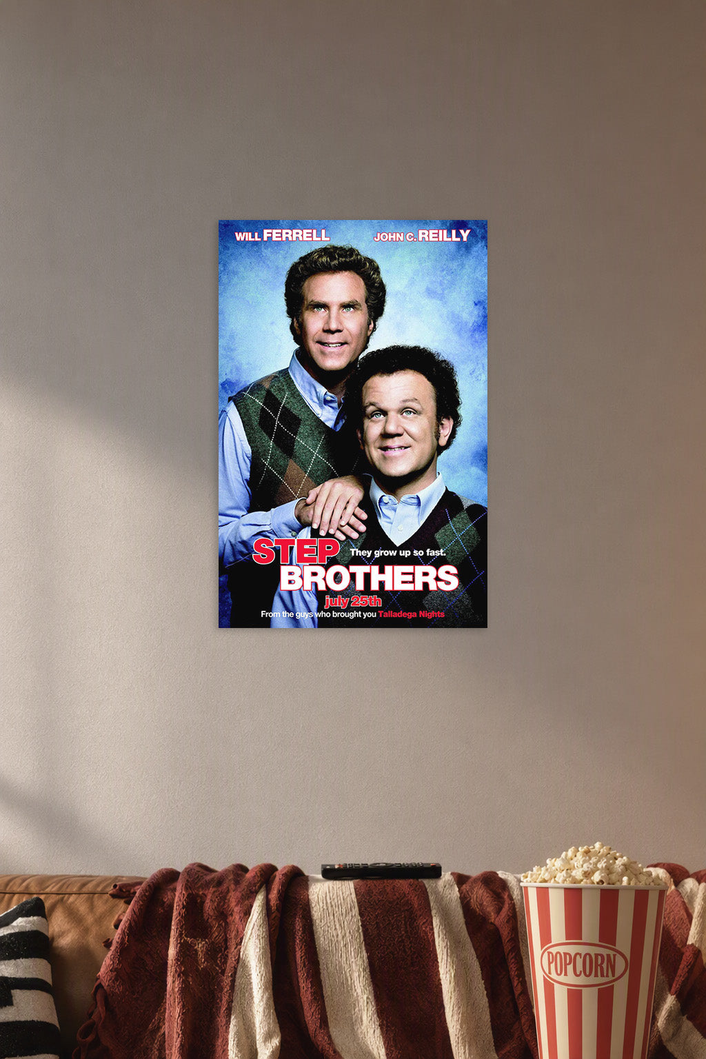 Step Brothers Will Ferrell John C. Reilly in a cozy movie room above a brown sofa with popcorn.