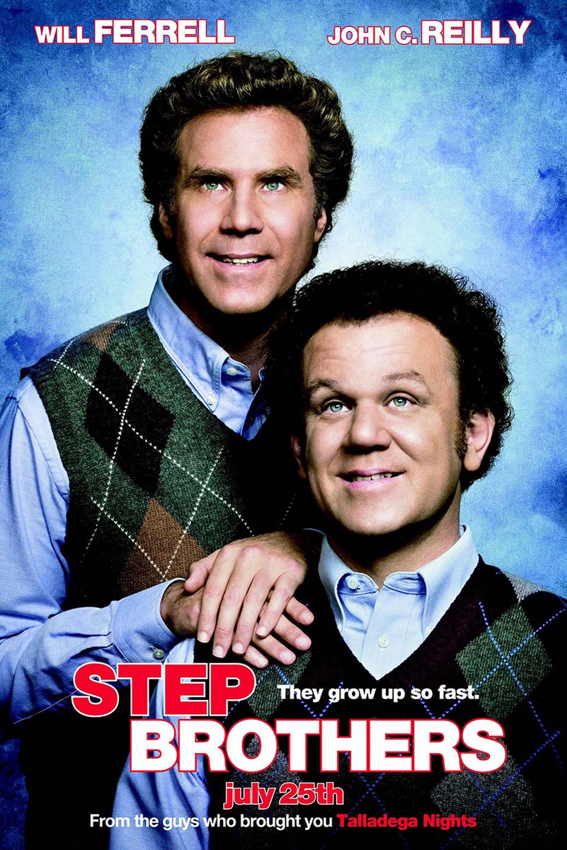 Step Brothers wall art print featuring Will Ferrell and John C. Reilly in argyle sweater vests against a textured blue background.