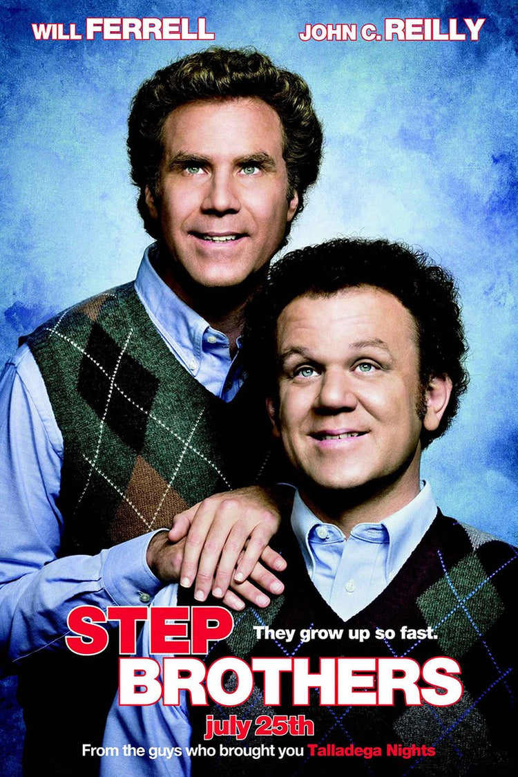 Step Brothers wall art print featuring Will Ferrell and John C. Reilly in argyle sweater vests against a textured blue background.