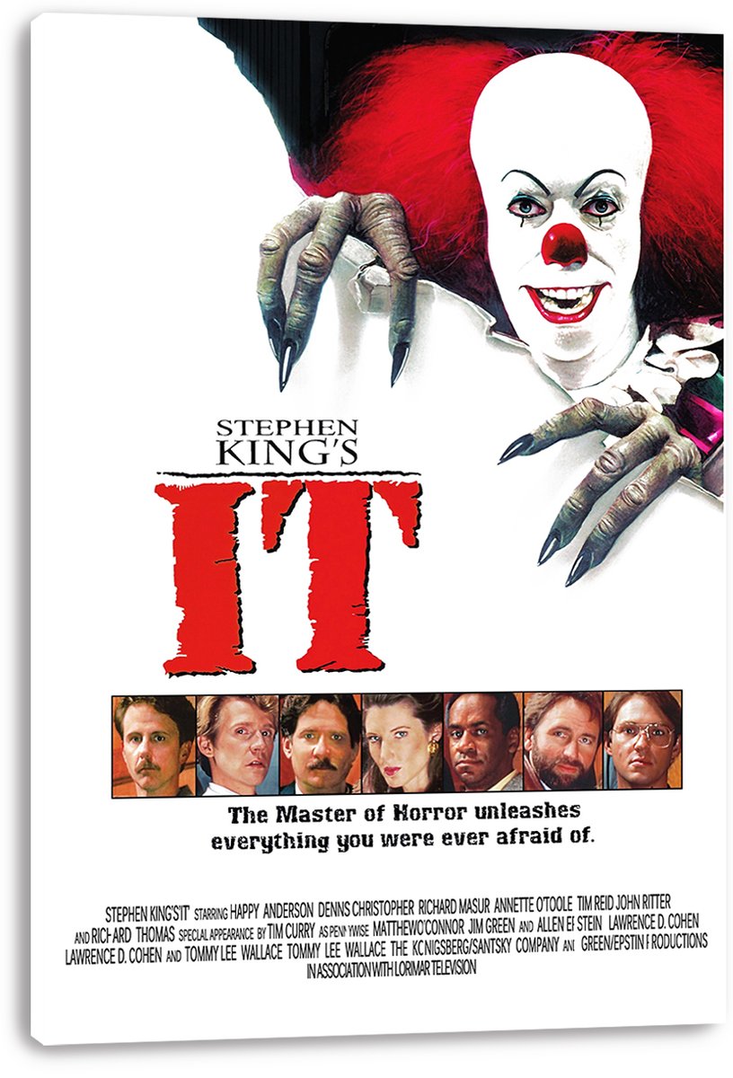 Pennywise IT canvas wall art print displays the white-faced clown, large distressed red title, cast headshots, and printed credits.