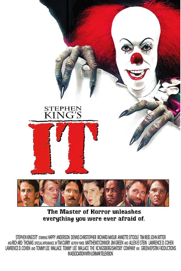 Pennywise IT poster features the grinning red-haired clown with clawed hands, red title lettering, and seven cast portraits.
