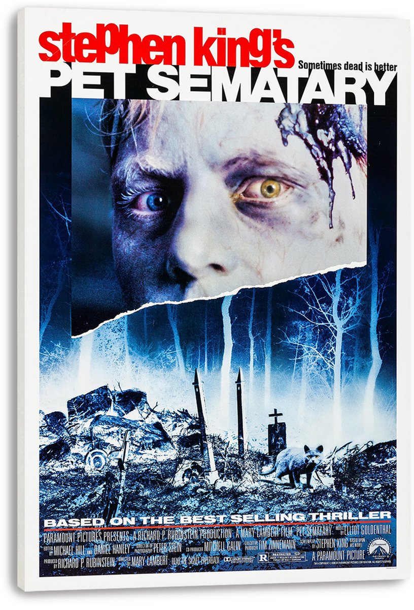 Pet Sematary canvas wall art print featuring a split-toned face above a blue graveyard scene with a cat and crosses.