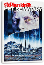 Pet Sematary canvas wall art print featuring a split-toned face above a blue graveyard scene with a cat and crosses.
