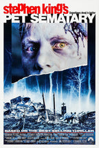 Pet Sematary movie poster wall art print with a bloodied face, blue forest graveyard, tombstones, and a cat.