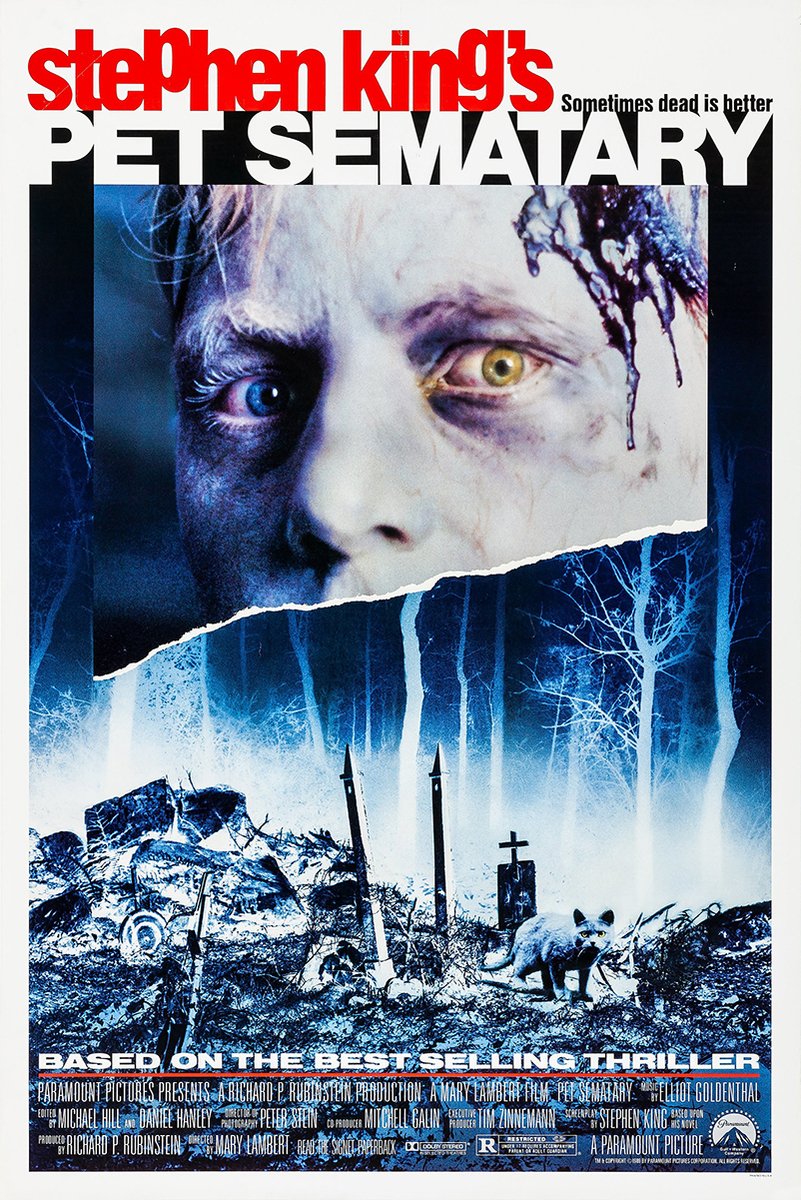 Pet Sematary movie poster wall art print with a bloodied face, blue forest graveyard, tombstones, and a cat.