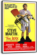 The Jerk wall art print displays Steve Martin in a robe with household items, presented on a thick black-edged canvas.
