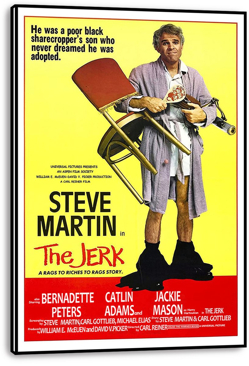 The Jerk wall art print displays Steve Martin in a robe with household items, presented on a thick black-edged canvas.