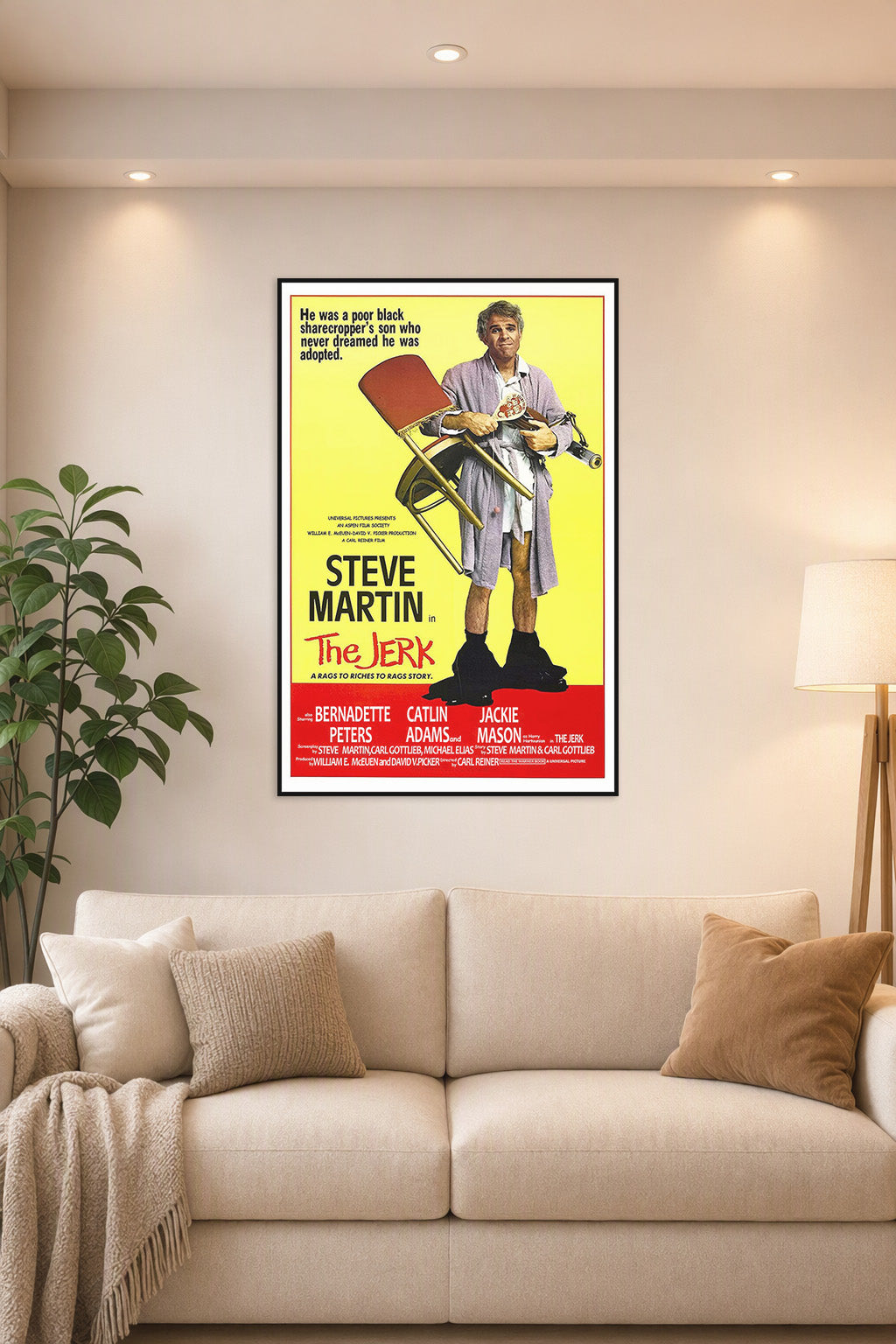 Steve Martin The Jerk Movie Poster in a bright living room above a beige sofa.