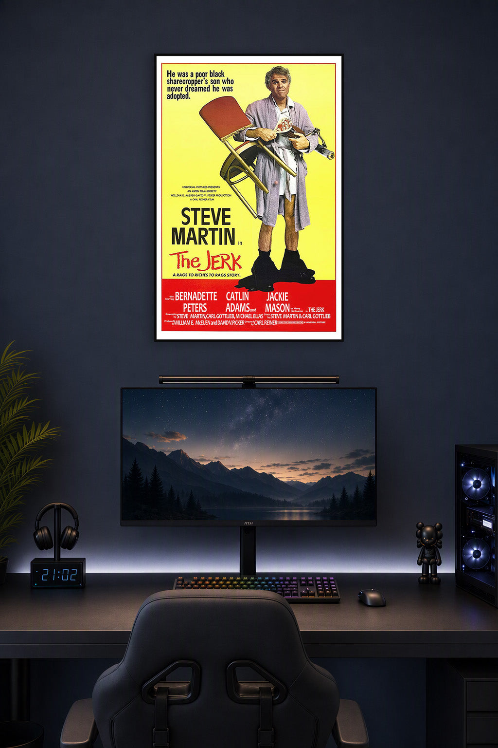 Steve Martin The Jerk Movie Poster in a gaming desk setup above a monitor.