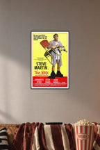 Steve Martin The Jerk Movie Poster in a cozy movie room above a brown sofa with popcorn.