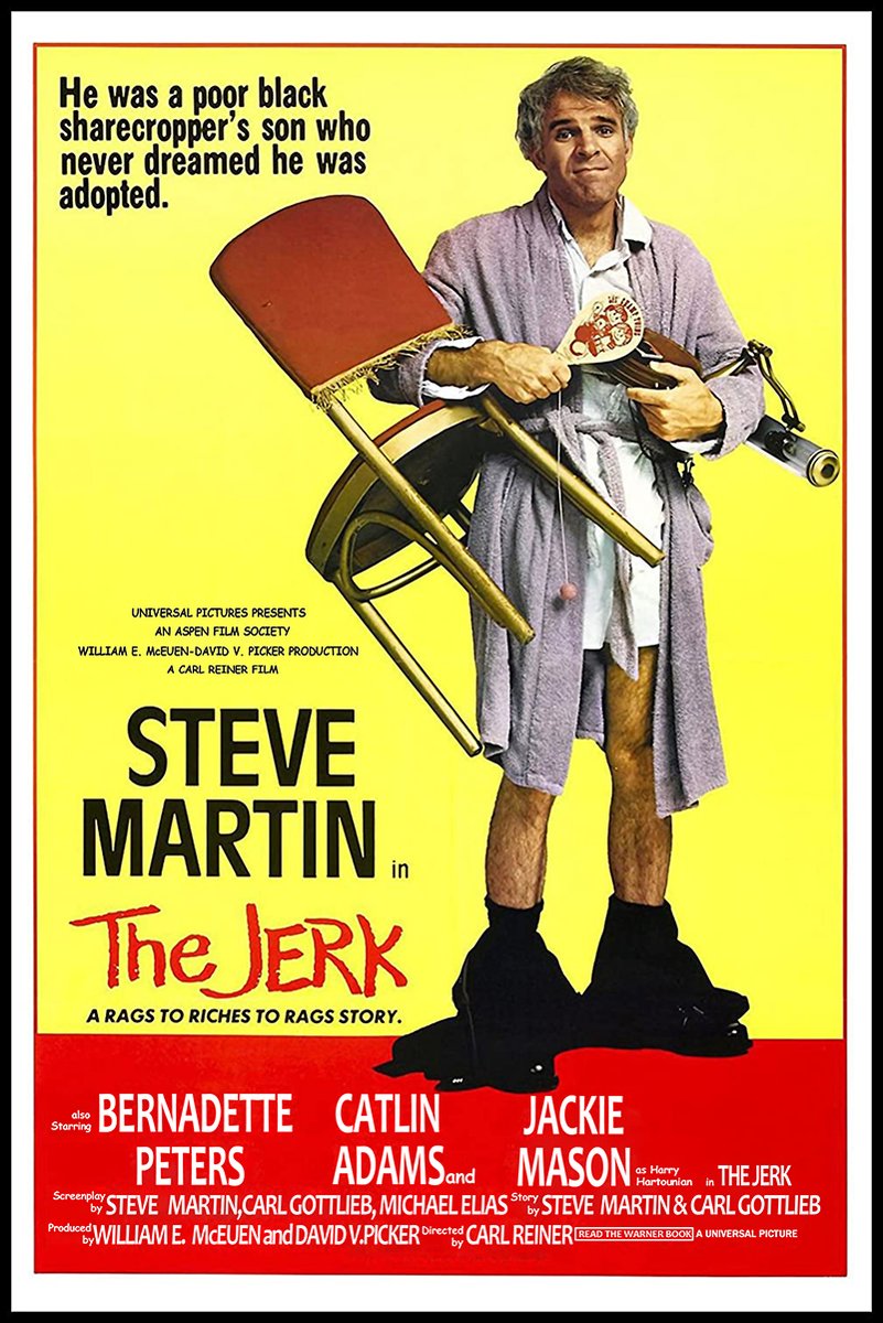 The Jerk movie poster print features Steve Martin in a bathrobe holding a chair, iron, and lamp on yellow and red.