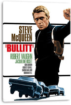 Bullitt movie canvas wall art print featuring Steve McQueen with a shoulder holster, bold red title text, and blue cars.