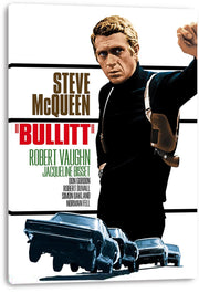 Bullitt movie canvas wall art print featuring Steve McQueen with a shoulder holster, bold red title text, and blue cars.