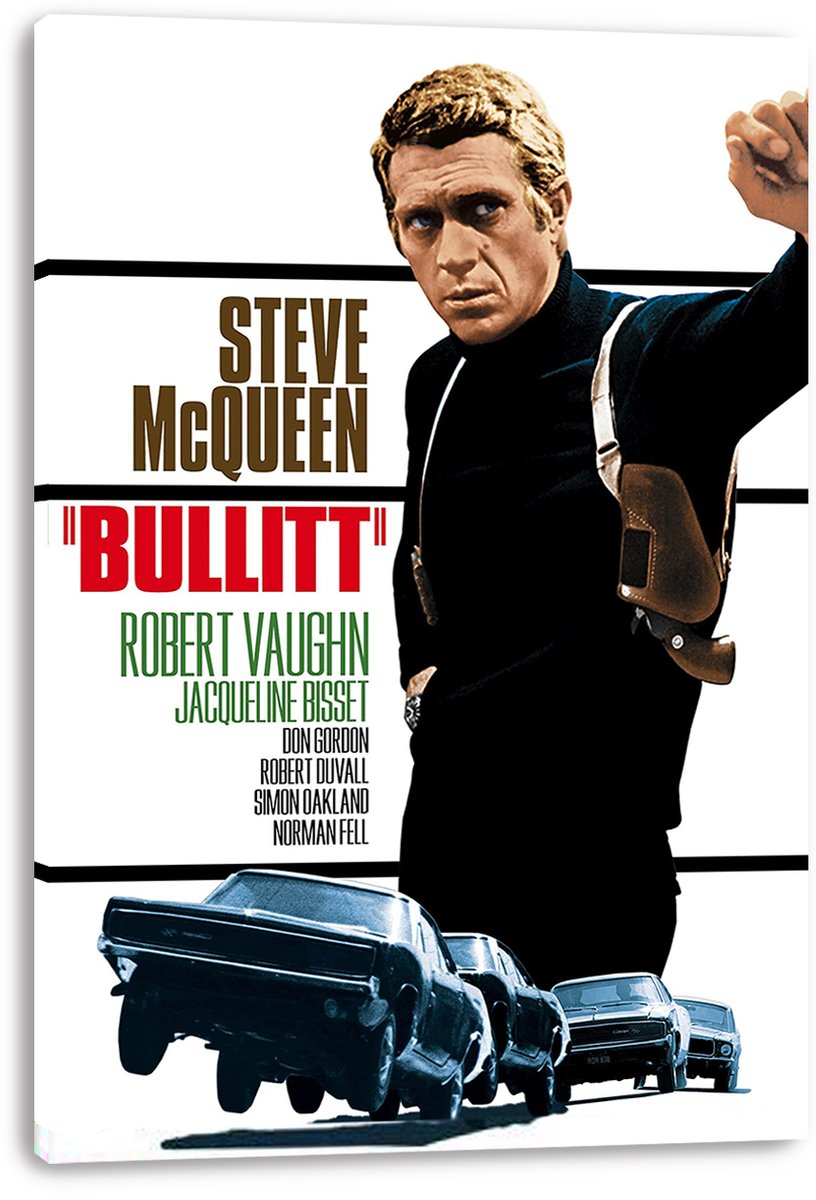 Bullitt movie canvas wall art print featuring Steve McQueen with a shoulder holster, bold red title text, and blue cars.