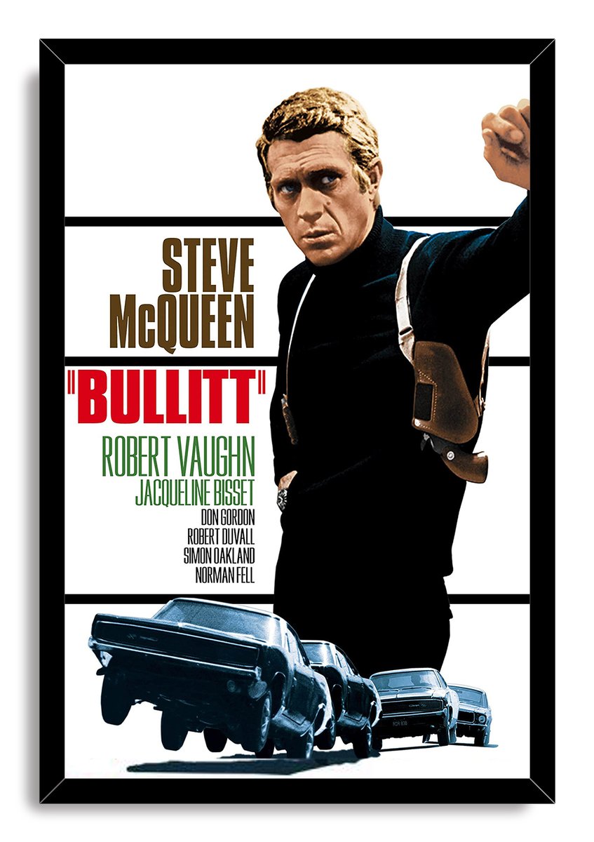 Bullitt movie poster wall art print in a black frame, with Steve McQueen posed above a line of blue speeding cars.