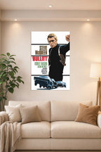 Steve McQueen Bullitt Movie in a bright living room above a beige sofa.