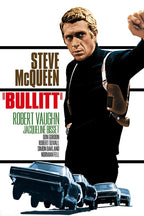 Bullitt movie poster wall art print with Steve McQueen in black turtleneck and holster above speeding blue cars.