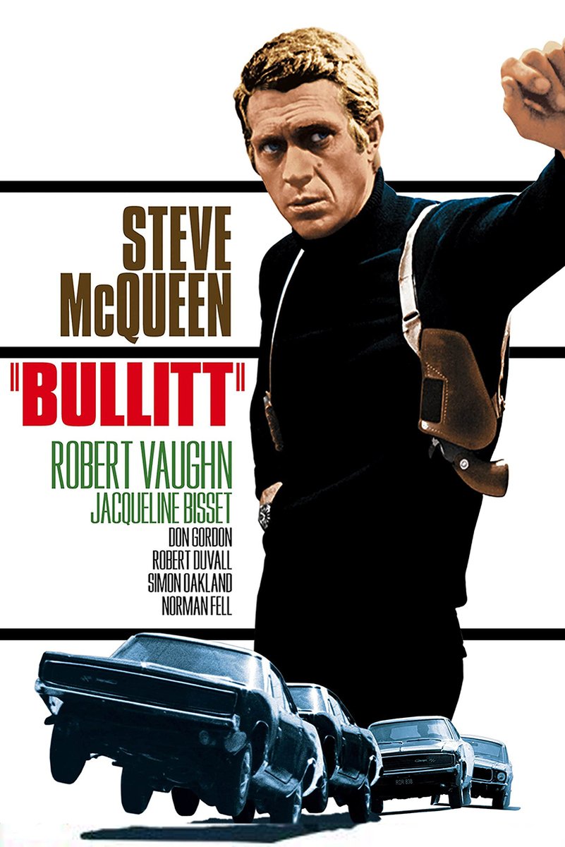 Bullitt movie poster wall art print with Steve McQueen in black turtleneck and holster above speeding blue cars.