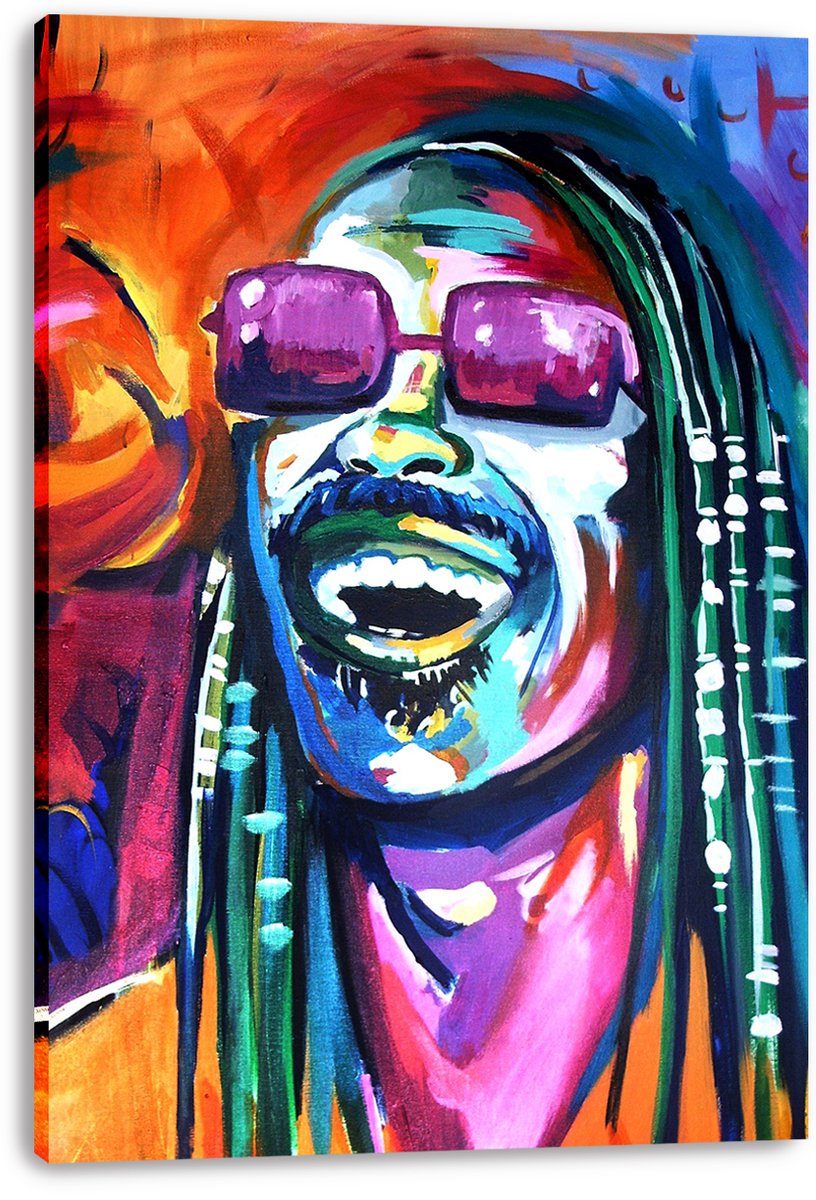 Stevie Wonder canvas wall art print presents a colorful portrait with purple sunglasses and long beaded braids on a white background.