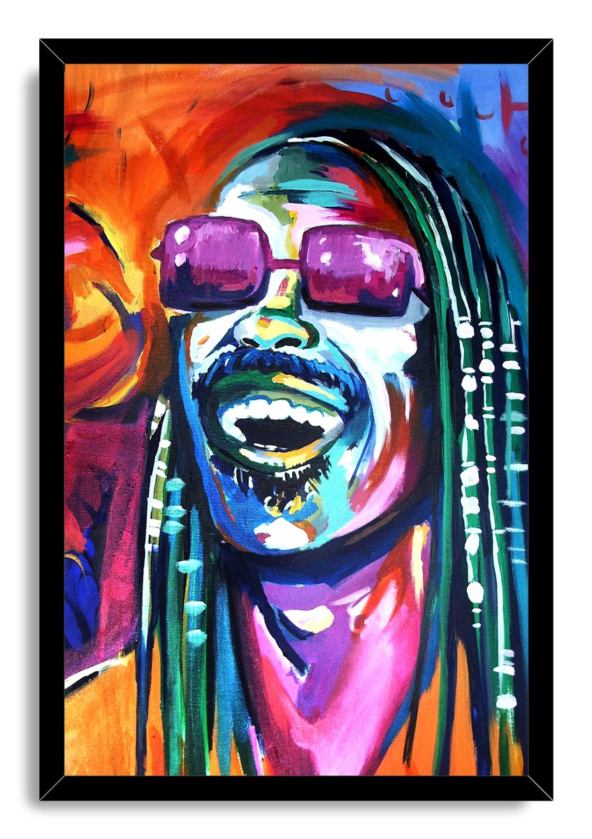 Stevie Wonder framed wall art print displays a vibrant smiling portrait in purple sunglasses, surrounded by a sleek black frame.