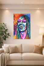 Stevie Wonder in a bright living room above a beige sofa.
