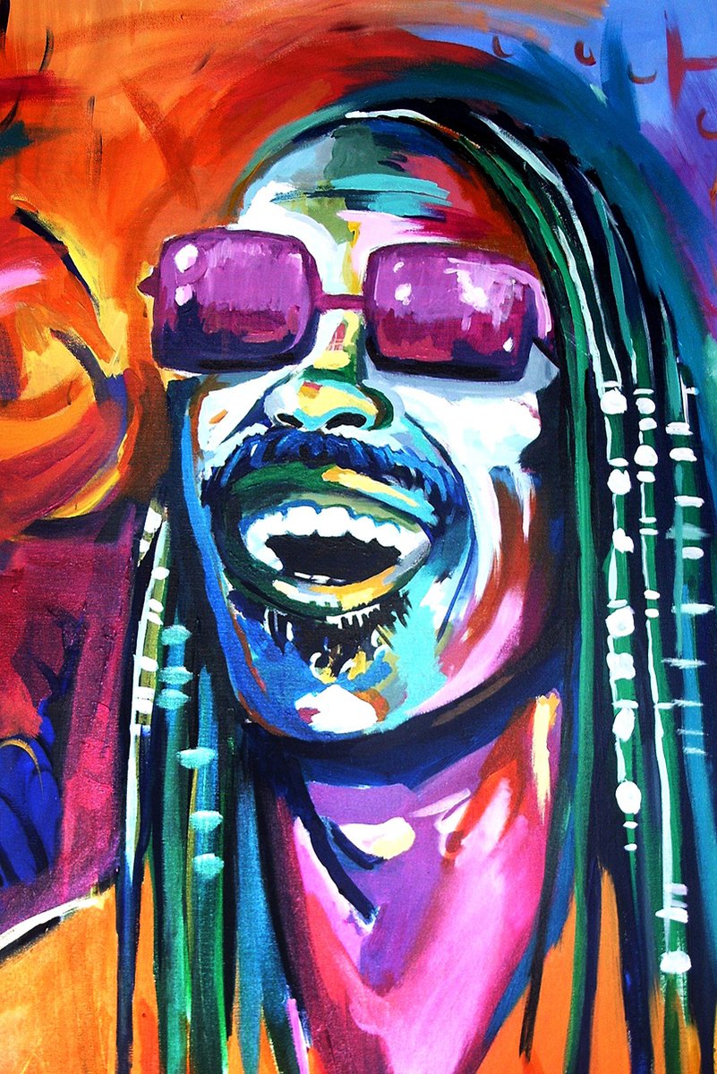 Stevie Wonder wall art print features a smiling close-up portrait with purple sunglasses, beaded braids, and vivid orange, blue, and pink brushstrokes.